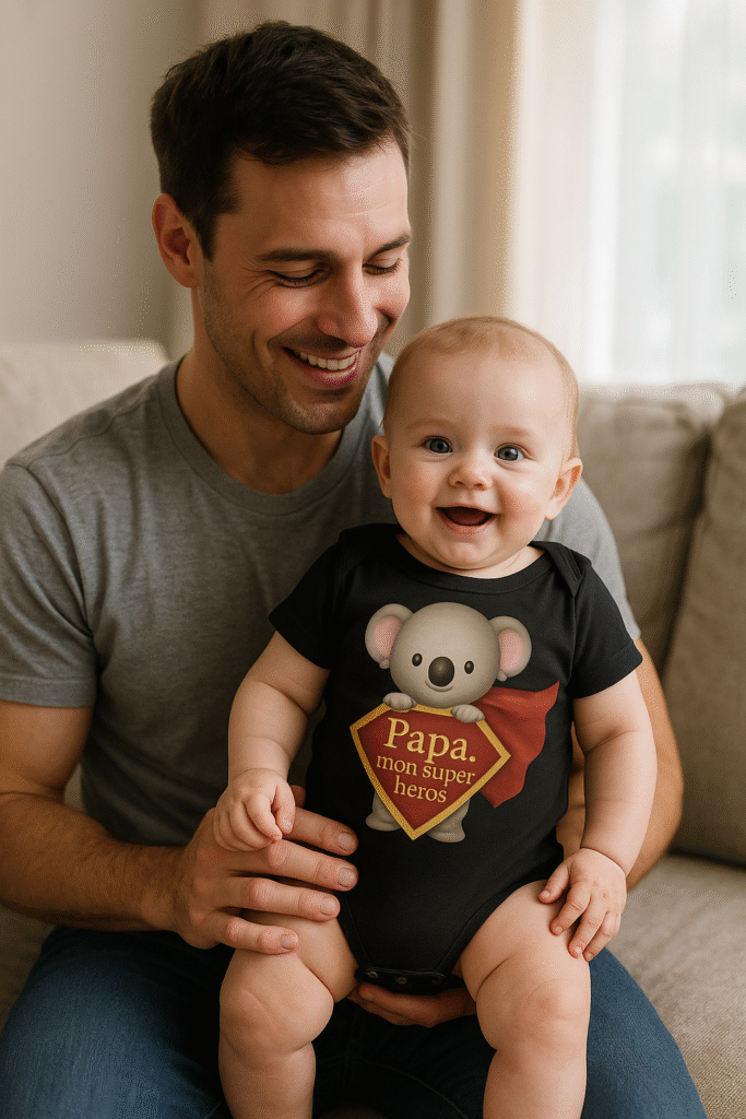 Papa souriant tenant son bébé dans les bras, portant un body noir "Papa mon super héros".