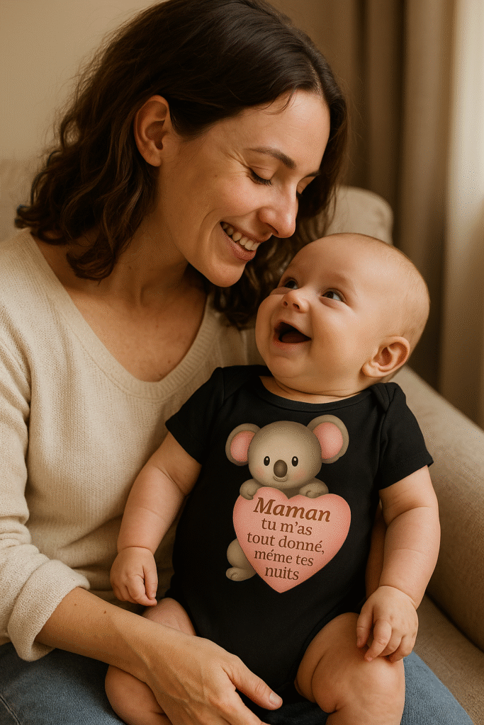 Maman qui sourit tendrement à son bébé portant un body noir avec un koala et le message "Maman tu m’as tout donné, même tes nuits" – cadeau émouvant pour jeunes mamans.