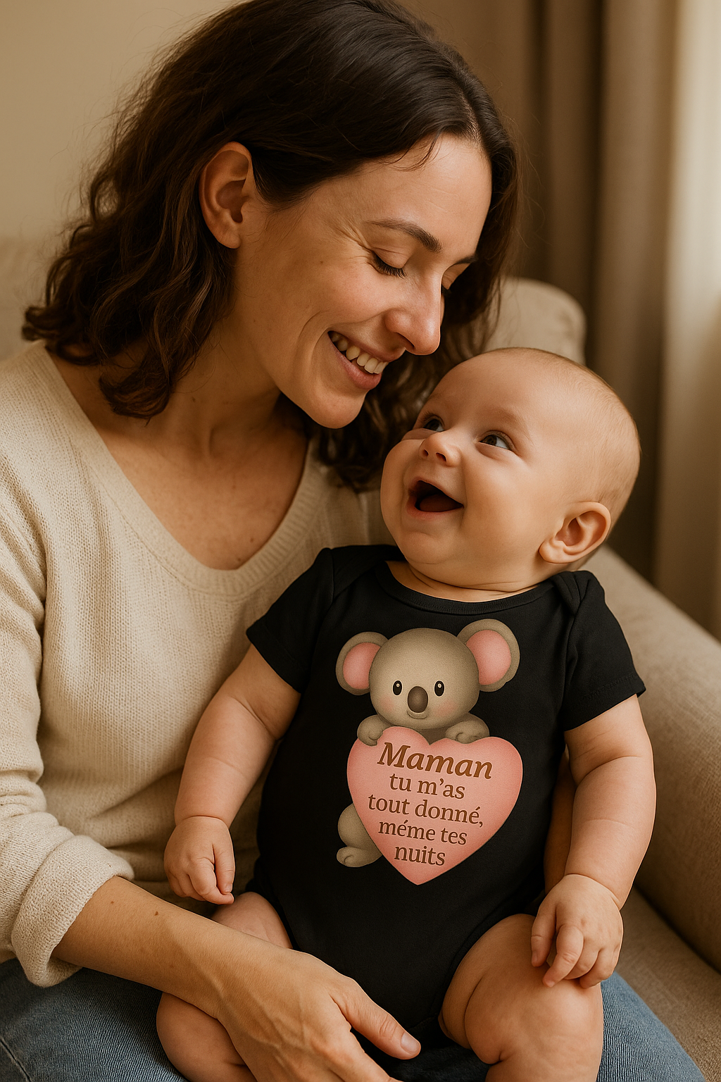 Maman qui sourit tendrement à son bébé portant un body noir avec un koala et le message "Maman tu m’as tout donné, même tes nuits" – cadeau émouvant pour jeunes mamans.