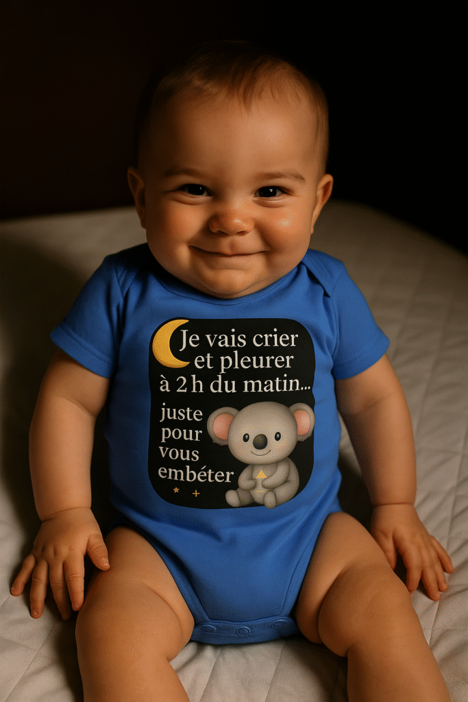 Bébé avec un air malicieux portant un body bleu clair humoristique « Je vais crier et pleurer à 2h du matin… juste pour vous embêter »