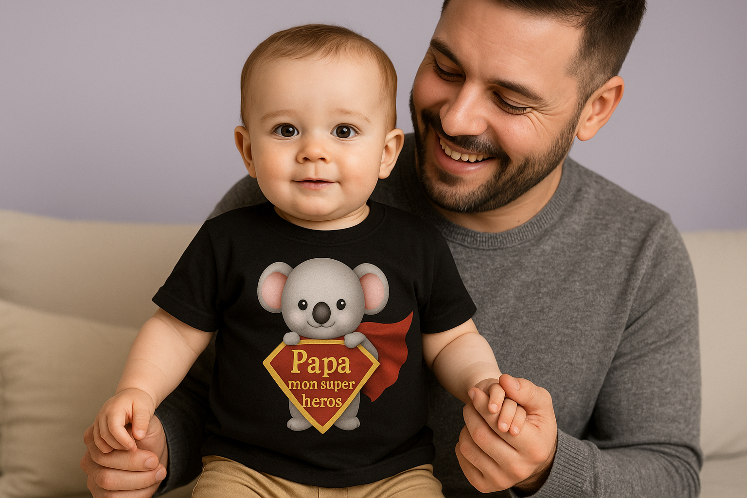 t-shirt bébé Papa mon super héros noir - photo bébé avec papa - Bébé Panache