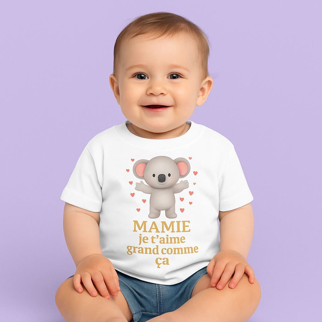 bébé portant un t-shirt bébé en édition limitée Bébé Panache - message Mamie je t’aime grand comme ça