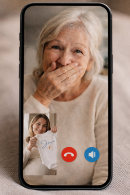 Annonce de grossesse en appel vidéo avec un body bébé “J’arrive” bleu montré à une grand-mère émue