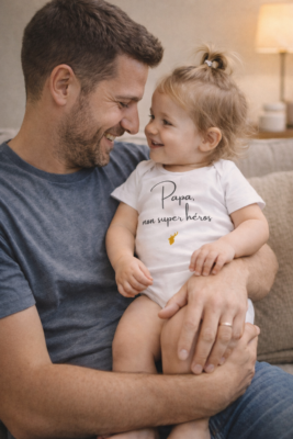 Papa avec son bébé portant le body Papa mon super héros
