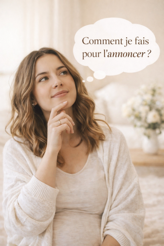 Future maman réfléchissant à comment annoncer sa grossesse, image illustrant des idées d’annonces de grossesse émotionnelles