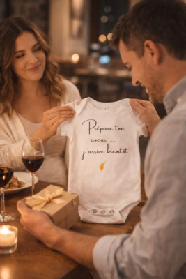Annonce de grossesse au futur papa au restaurant avec un body bébé message