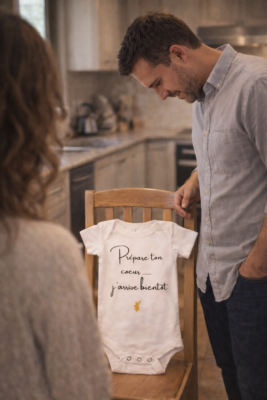 Body bébé posé sur une chaise pour annoncer une grossesse au futur papa