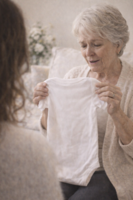 Annonce de grossesse à une future grand-mère avec un body bébé