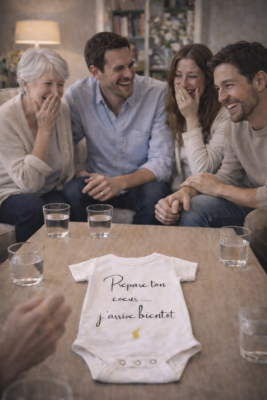 Annonce de grossesse en famille autour d’une table avec un body bébé