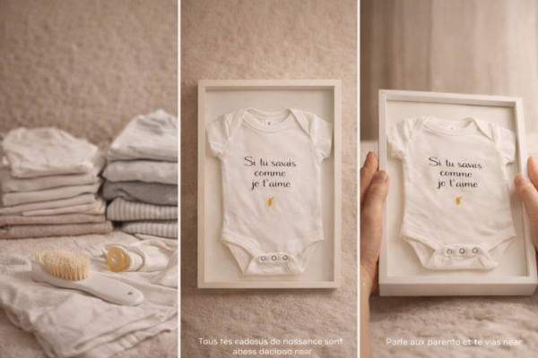Cadeau de naissance conservé comme souvenir avec body bébé encadré à message