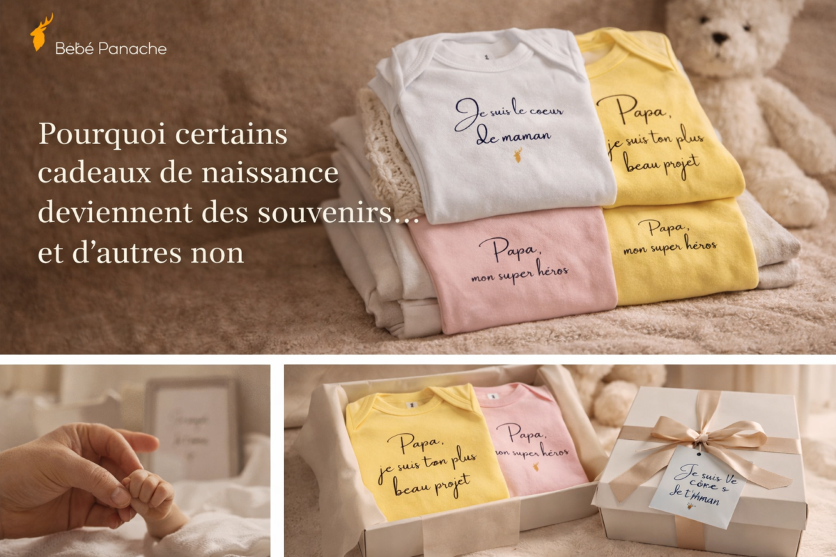 Cadeau de naissance qui devient un souvenir avec body bébé à message Bébé Panache