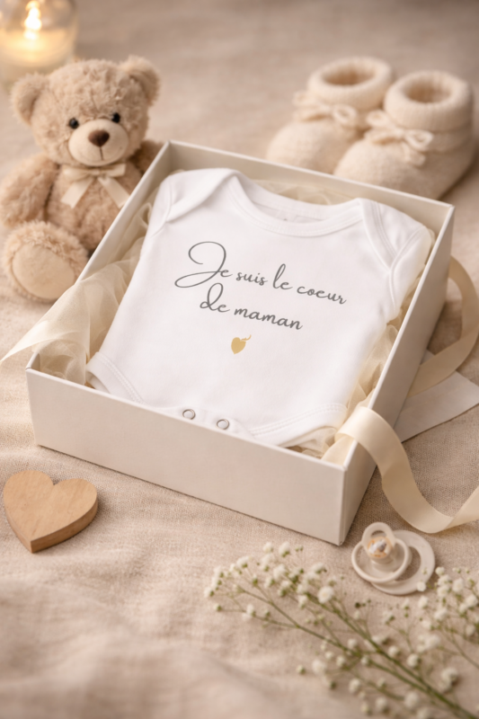 alt="Body bébé à message Je suis le cœur de maman présenté en coffret, cadeau de naissance pensé pour toucher les parents et devenir un souvenir"